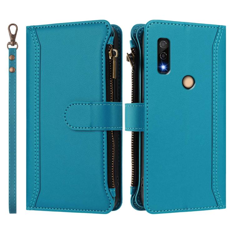 For Fujitsu Arrows We3 Magnetic Closure 9 Card Slots Zipper Leather Case with Hand Strap