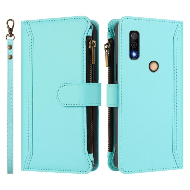 For Fujitsu Arrows We3 Magnetic Closure 9 Card Slots Zipper Leather Case with Hand Strap