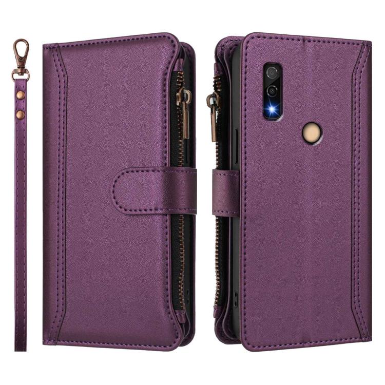 For Fujitsu Arrows We3 Magnetic Closure 9 Card Slots Zipper Leather Case with Hand Strap