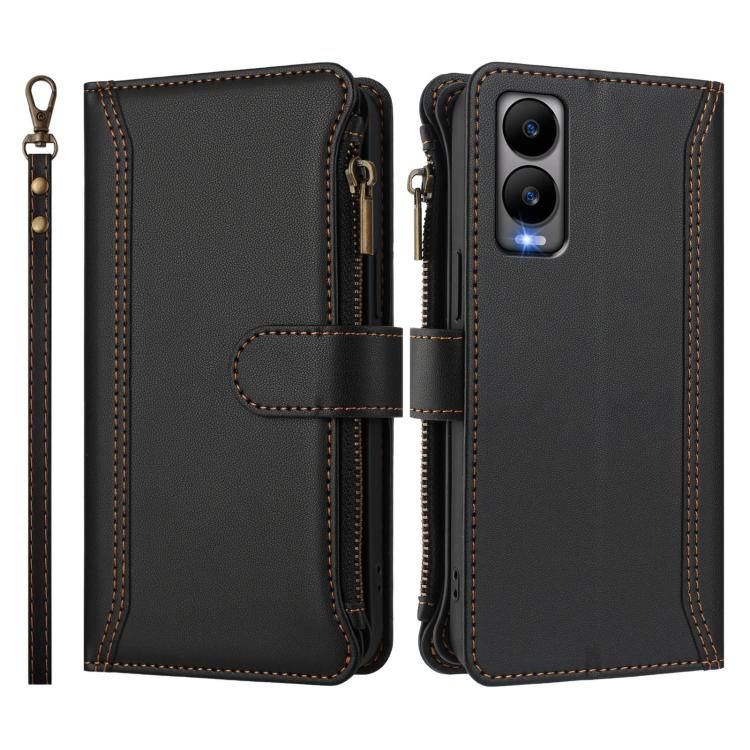For Cricket Debut S3 Magnetic Closure 9 Card Slots Zipper Leather Case with Hand Strap