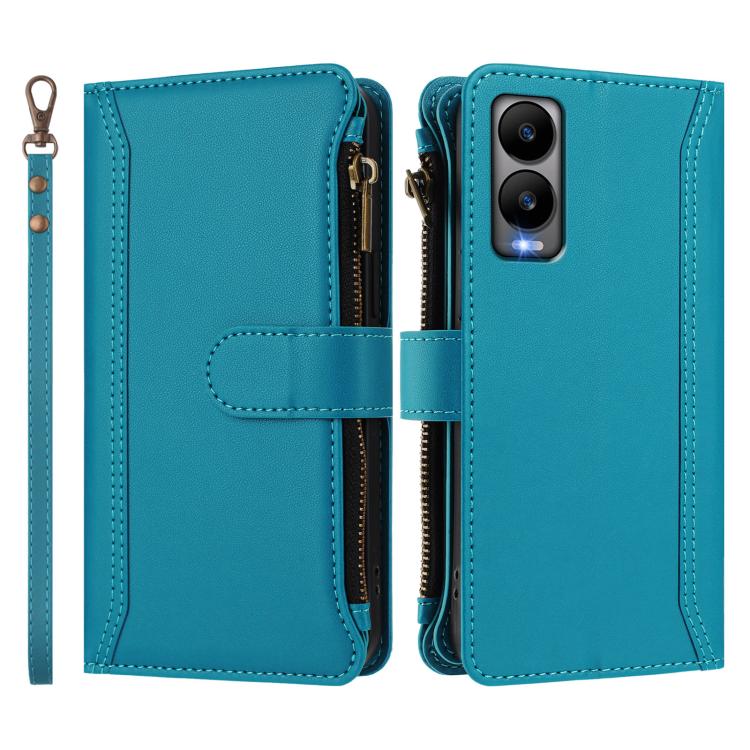 For Cricket Debut S3 Magnetic Closure 9 Card Slots Zipper Leather Case with Hand Strap