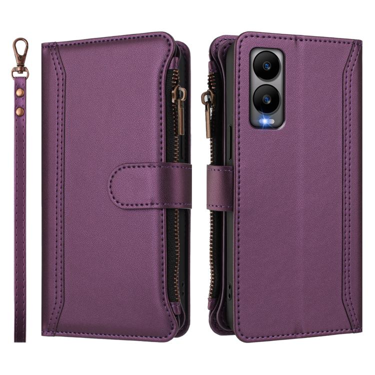 For Cricket Debut S3 Magnetic Closure 9 Card Slots Zipper Leather Case with Hand Strap