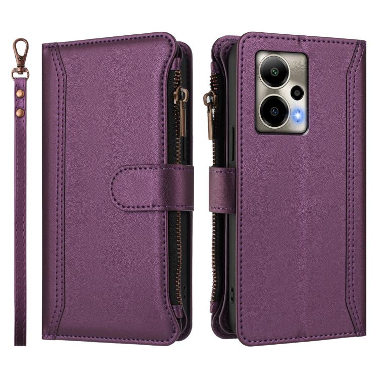For Cricket Outlast 5G Magnetic Closure 9 Card Slots Zipper Leather Case with Hand Strap