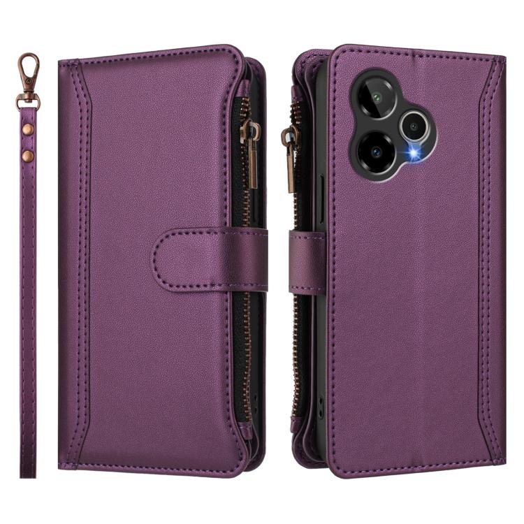 For Cricket Icon Plus 2026 / Icon 7 5G Magnetic Closure 9 Card Slots Zipper Leather Case with Hand Strap