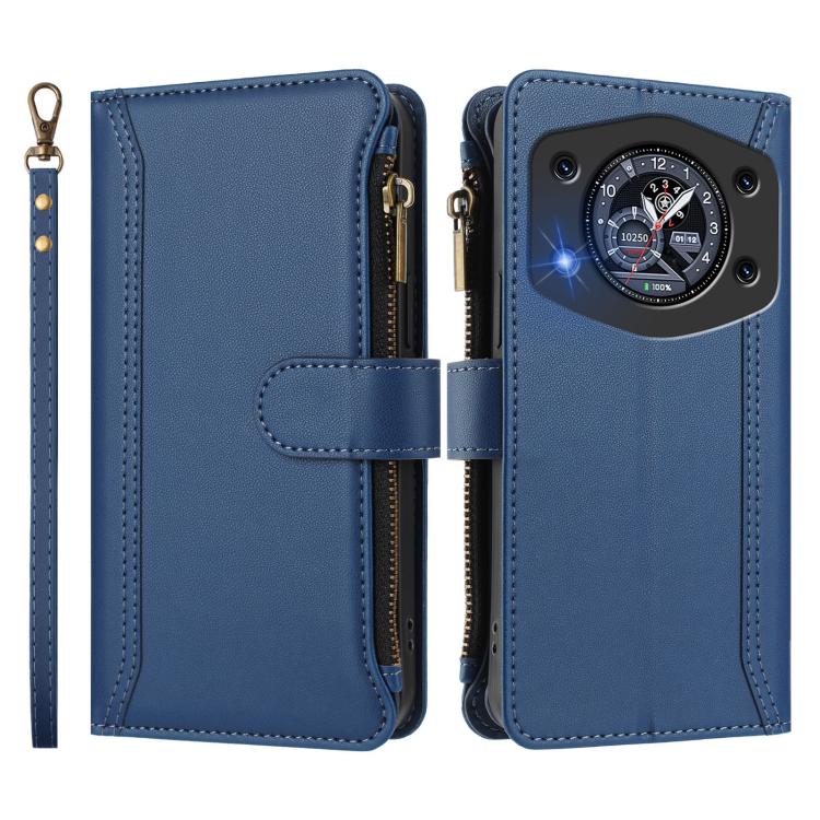 For Cubot A30 Magnetic Closure 9 Card Slots Zipper Leather Case with Hand Strap