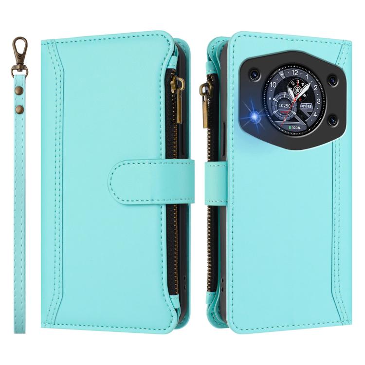 For Cubot A30 Magnetic Closure 9 Card Slots Zipper Leather Case with Hand Strap
