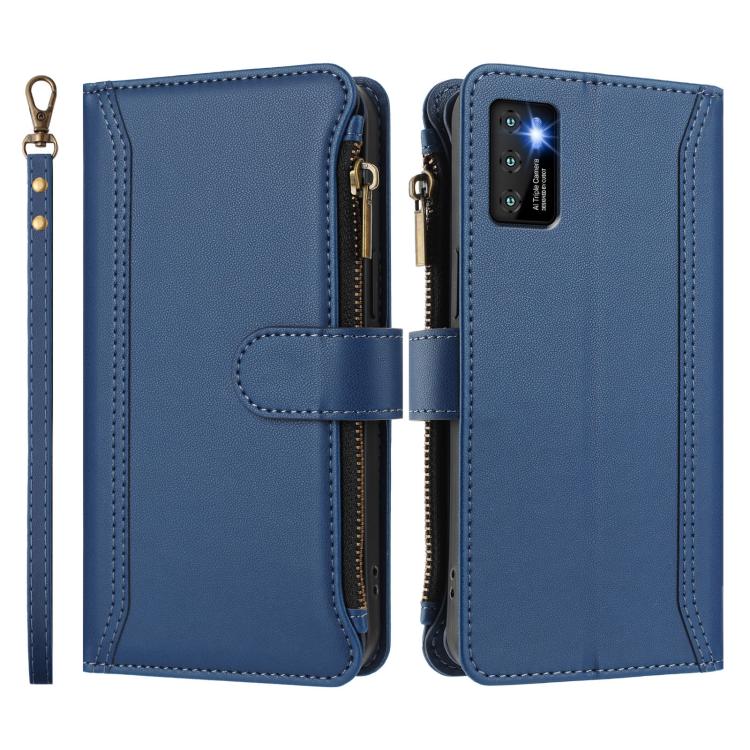 For Cubot P50 Magnetic Closure 9 Card Slots Zipper Leather Case with Hand Strap