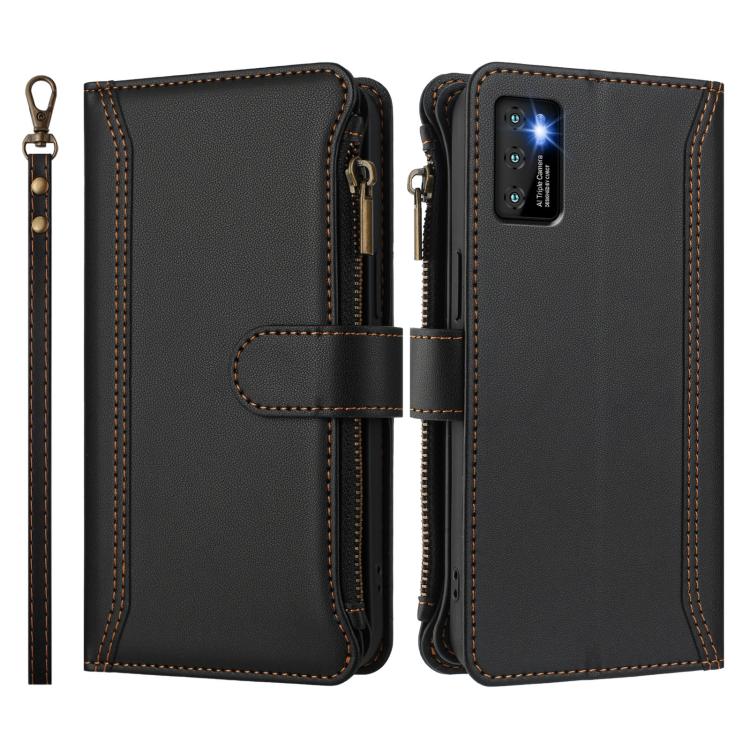For Cubot P50 Magnetic Closure 9 Card Slots Zipper Leather Case with Hand Strap