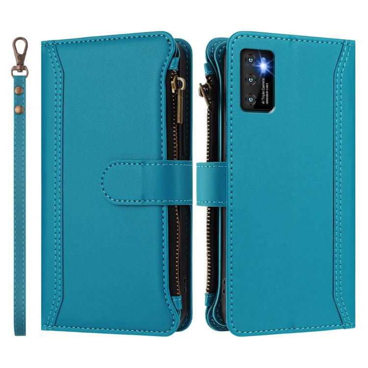 For Cubot P50 Magnetic Closure 9 Card Slots Zipper Leather Case with Hand Strap