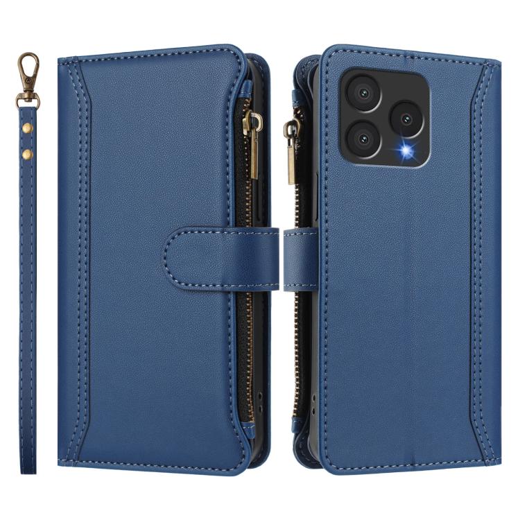 For Cubot A40 Magnetic Closure 9 Card Slots Zipper Leather Case with Hand Strap