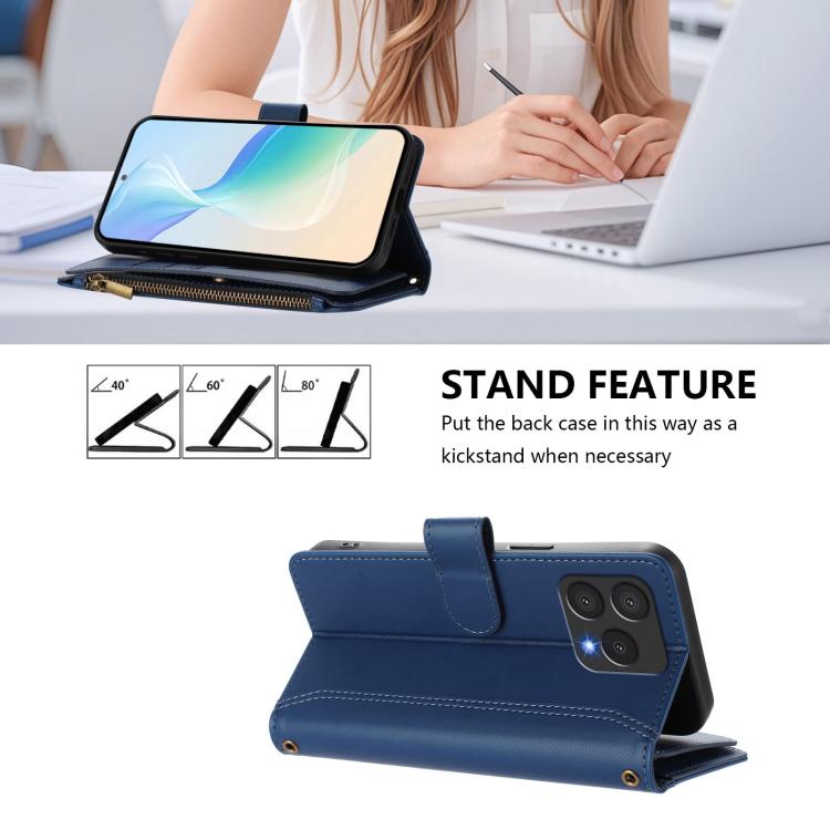 For Cubot A40 Magnetic Closure 9 Card Slots Zipper Leather Case with Hand Strap