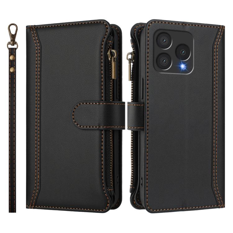 For Cubot A40 Magnetic Closure 9 Card Slots Zipper Leather Case with Hand Strap