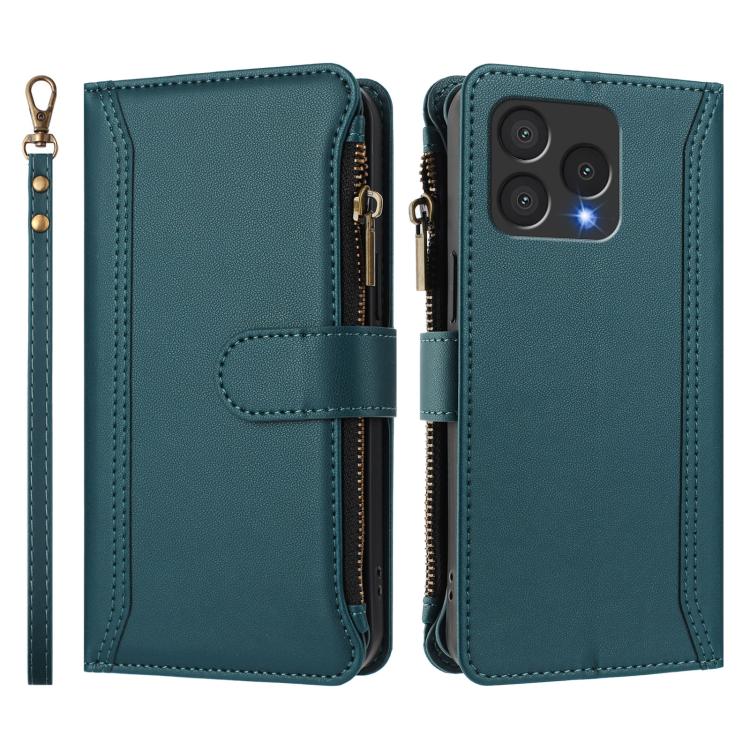 For Cubot A40 Magnetic Closure 9 Card Slots Zipper Leather Case with Hand Strap