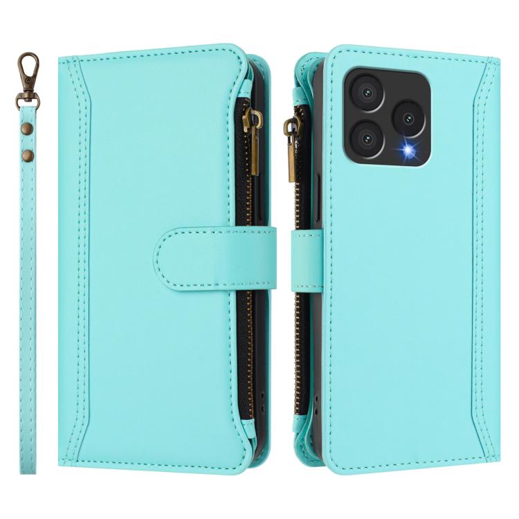 For Cubot A40 Magnetic Closure 9 Card Slots Zipper Leather Case with Hand Strap