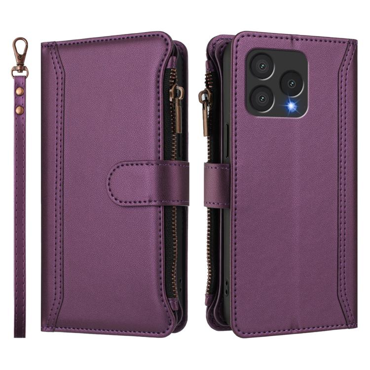 For Cubot A40 Magnetic Closure 9 Card Slots Zipper Leather Case with Hand Strap