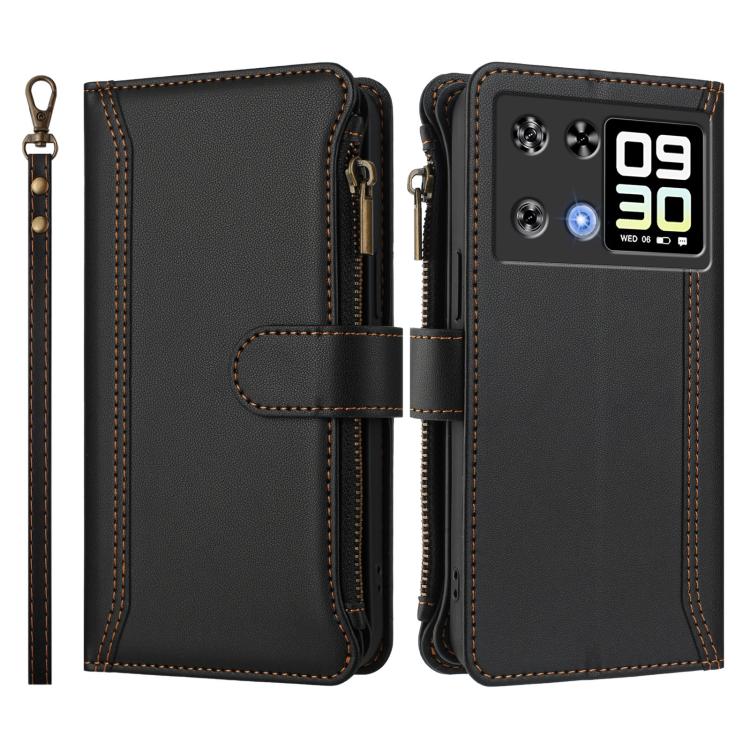 For Cubot P90 Magnetic Closure 9 Card Slots Zipper Leather Case with Hand Strap