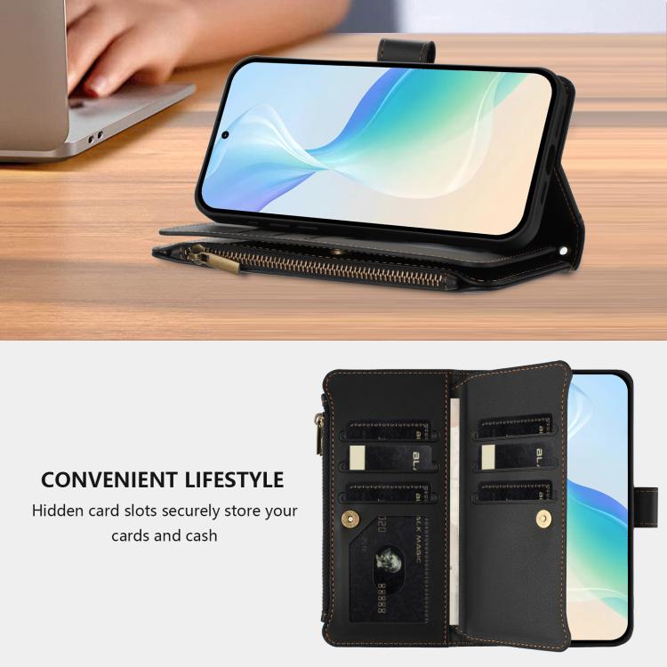For Cubot P90 Magnetic Closure 9 Card Slots Zipper Leather Case with Hand Strap
