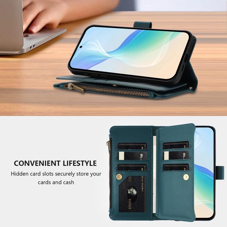 For Cubot P90 Magnetic Closure 9 Card Slots Zipper Leather Case with Hand Strap