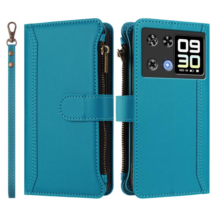 For Cubot P90 Magnetic Closure 9 Card Slots Zipper Leather Case with Hand Strap