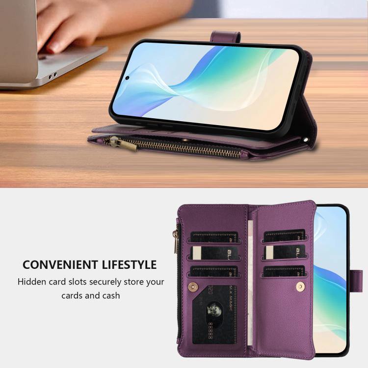 For Cubot P90 Magnetic Closure 9 Card Slots Zipper Leather Case with Hand Strap