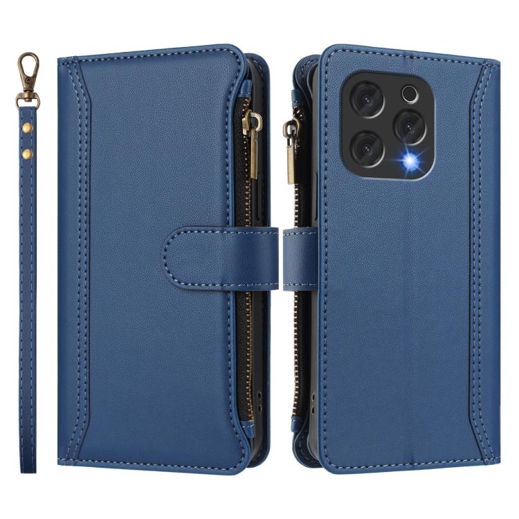 For Doogee N55 / N55 Plus Magnetic Closure 9 Card Slots Zipper Leather Case with Hand Strap