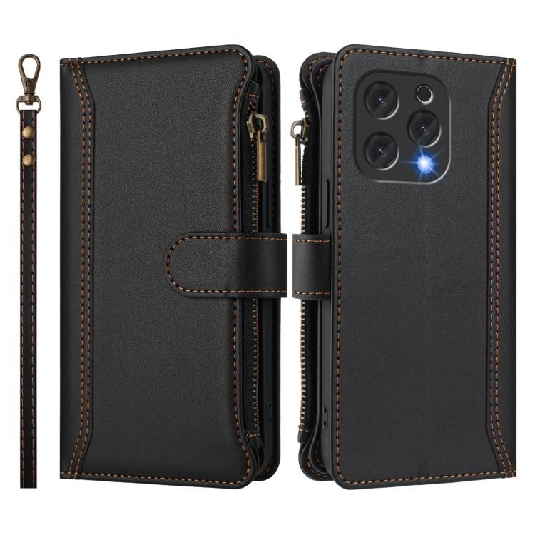 For Doogee N55 / N55 Plus Magnetic Closure 9 Card Slots Zipper Leather Case with Hand Strap