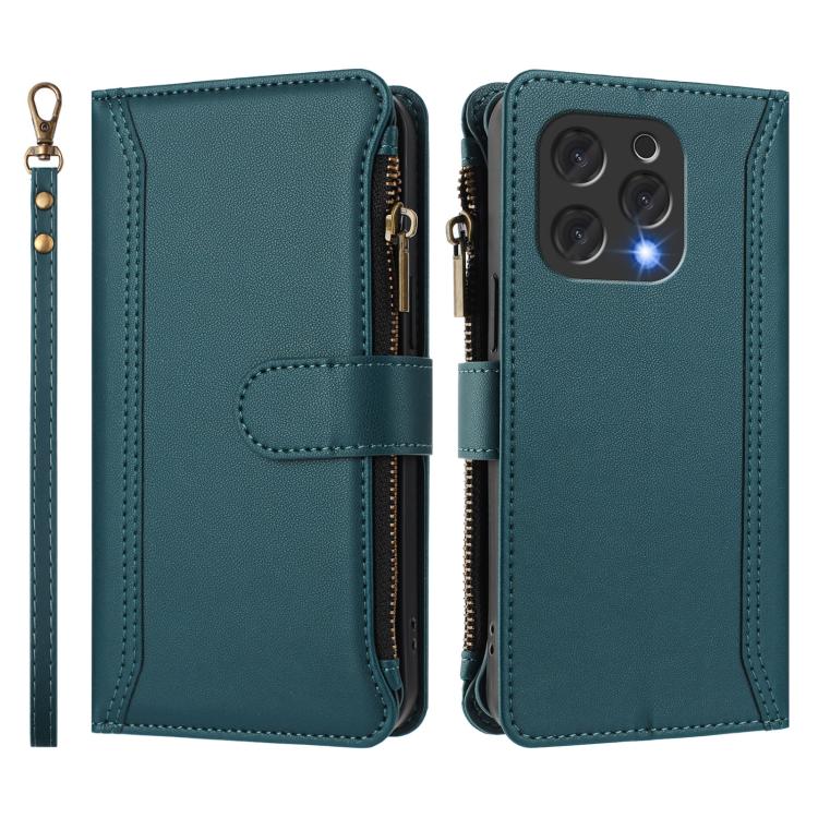 For Doogee N55 / N55 Plus Magnetic Closure 9 Card Slots Zipper Leather Case with Hand Strap
