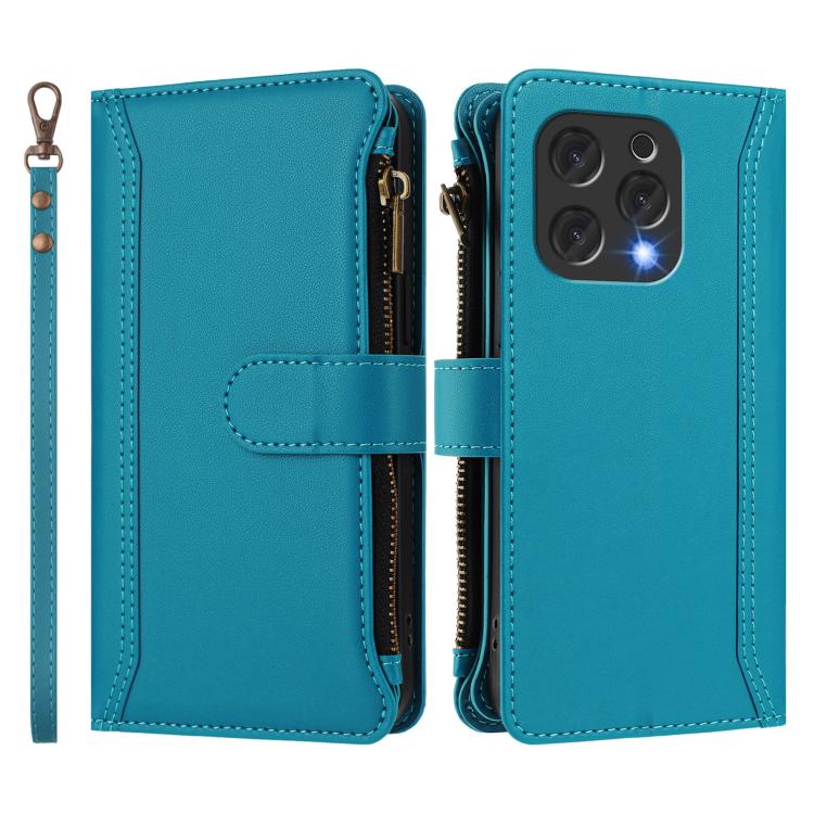 For Doogee N55 / N55 Plus Magnetic Closure 9 Card Slots Zipper Leather Case with Hand Strap
