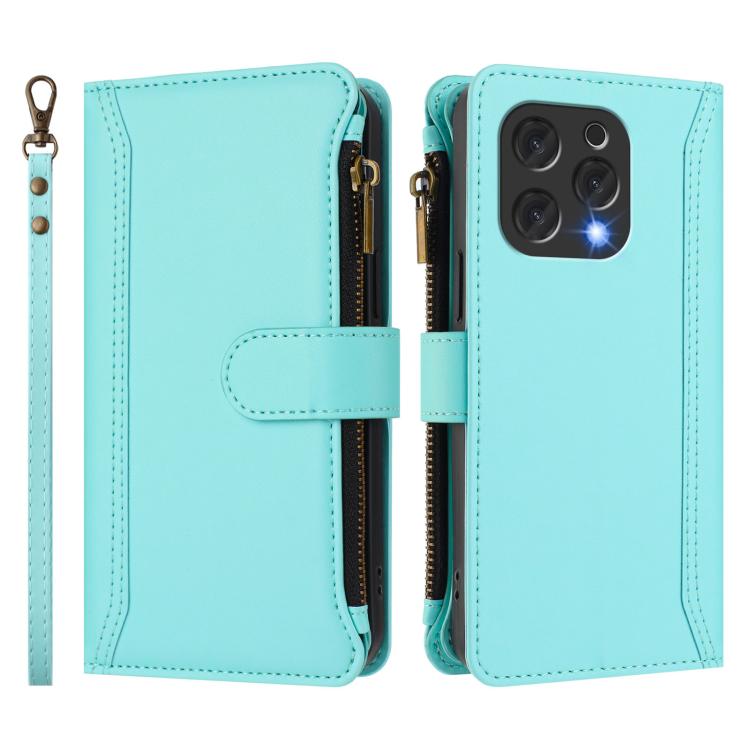 For Doogee N55 / N55 Plus Magnetic Closure 9 Card Slots Zipper Leather Case with Hand Strap
