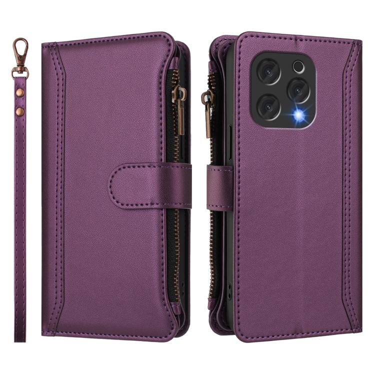 For Doogee N55 / N55 Plus Magnetic Closure 9 Card Slots Zipper Leather Case with Hand Strap