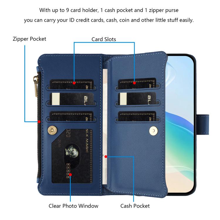 For Doogee Note 58 / Note 58 Pro Magnetic Closure 9 Card Slots Zipper Leather Case with Hand Strap