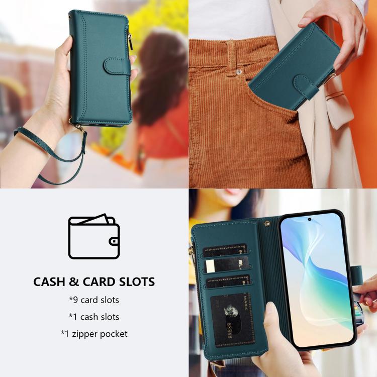 For Doogee Note 58 / Note 58 Pro Magnetic Closure 9 Card Slots Zipper Leather Case with Hand Strap