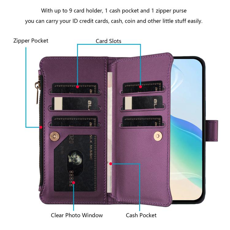 For Doogee Note 58 / Note 58 Pro Magnetic Closure 9 Card Slots Zipper Leather Case with Hand Strap