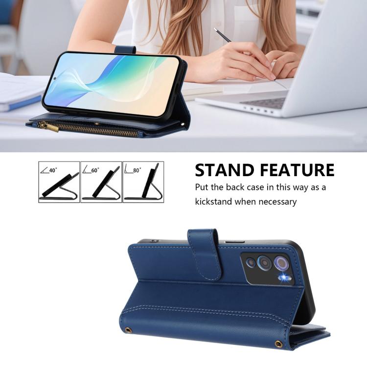 For Doogee N60 Pro Magnetic Closure 9 Card Slots Zipper Leather Case with Hand Strap