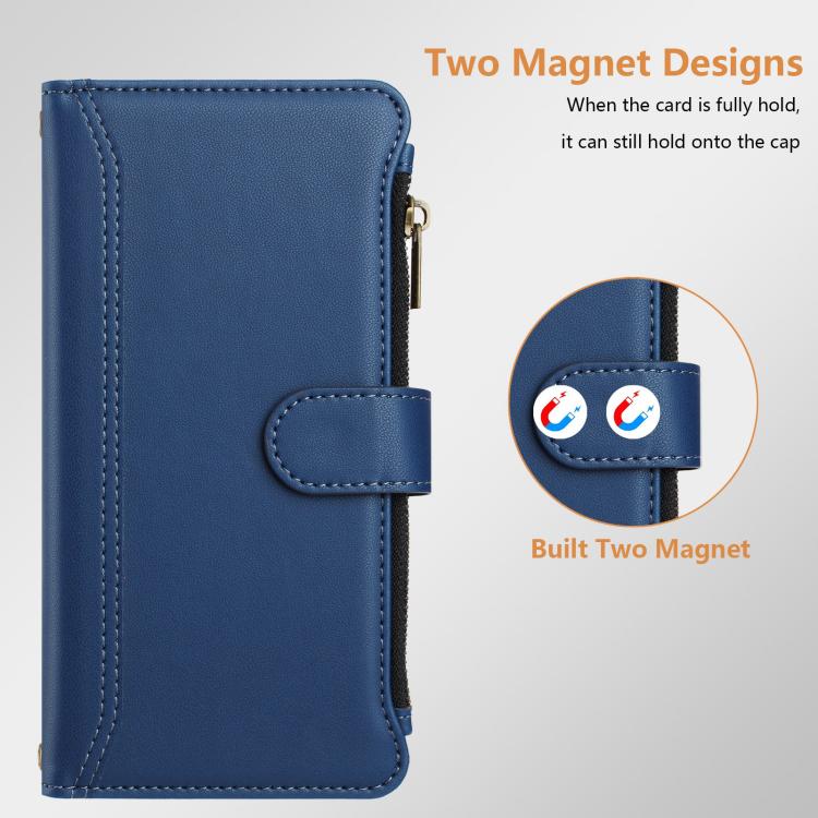 For Doogee N60 Pro Magnetic Closure 9 Card Slots Zipper Leather Case with Hand Strap