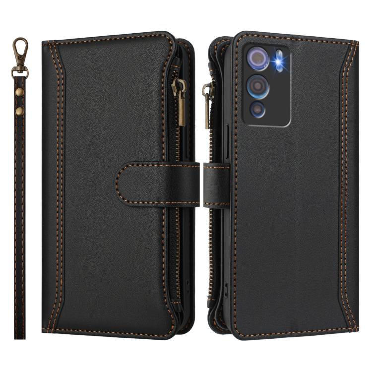 For Doogee N60 Pro Magnetic Closure 9 Card Slots Zipper Leather Case with Hand Strap