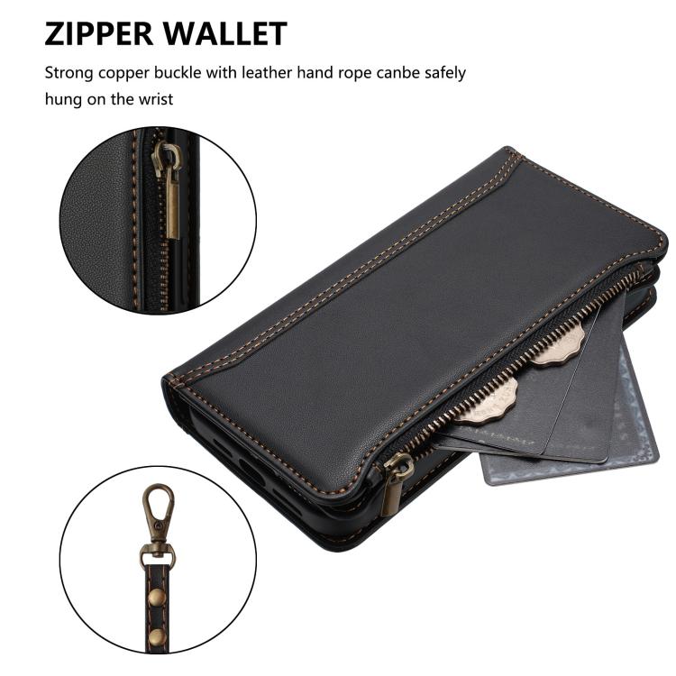 For Doogee N60 Pro Magnetic Closure 9 Card Slots Zipper Leather Case with Hand Strap