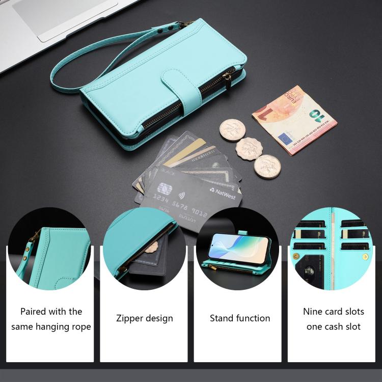 For Doogee N60 Pro Magnetic Closure 9 Card Slots Zipper Leather Case with Hand Strap