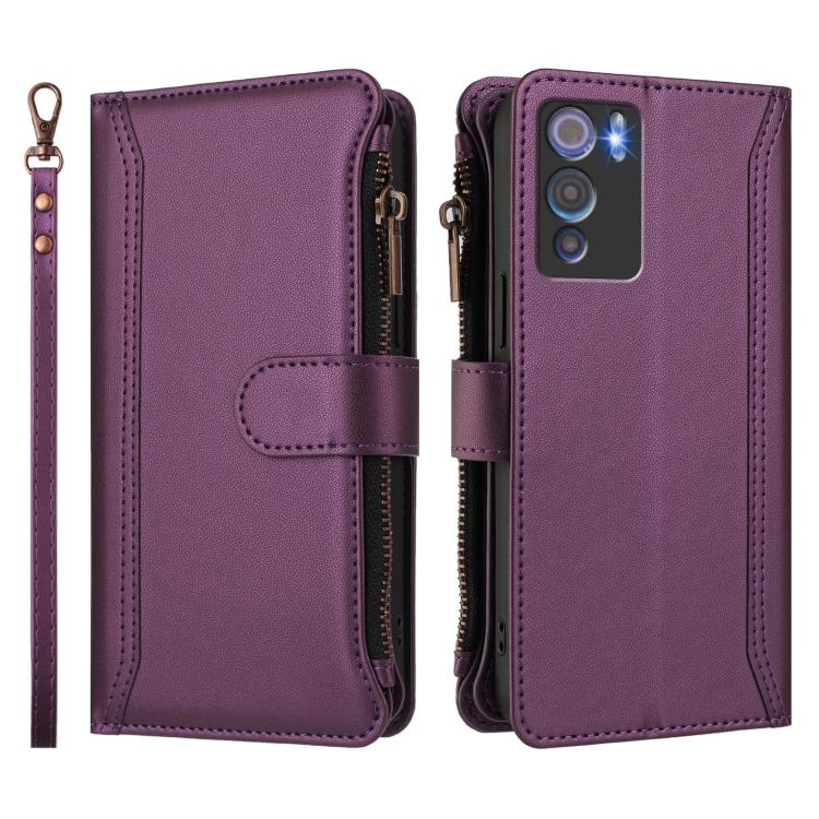 For Doogee N60 Pro Magnetic Closure 9 Card Slots Zipper Leather Case with Hand Strap