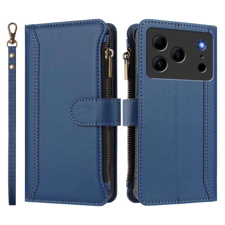 For Doogee Note 56 / Note 56 Pro Magnetic Closure 9 Card Slots Zipper Leather Case with Hand Strap