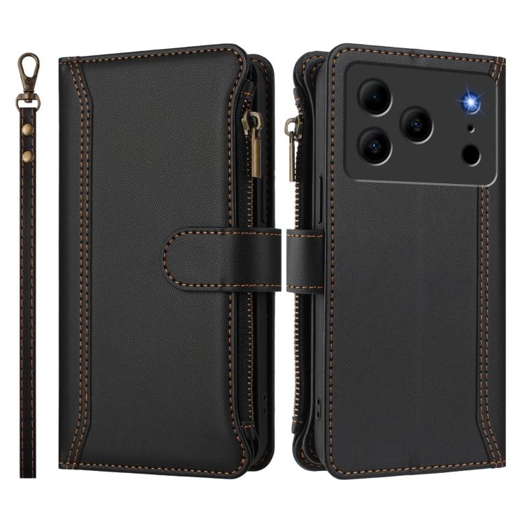 For Doogee Note 56 / Note 56 Pro Magnetic Closure 9 Card Slots Zipper Leather Case with Hand Strap