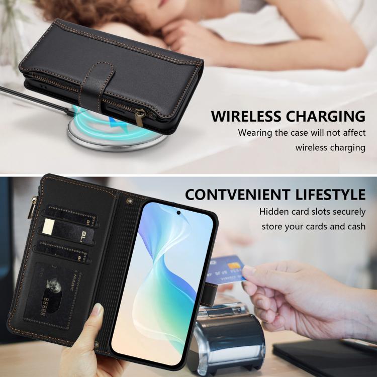 For Doogee Note 56 / Note 56 Pro Magnetic Closure 9 Card Slots Zipper Leather Case with Hand Strap