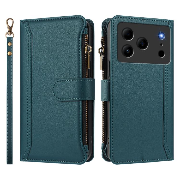 For Doogee Note 56 / Note 56 Pro Magnetic Closure 9 Card Slots Zipper Leather Case with Hand Strap