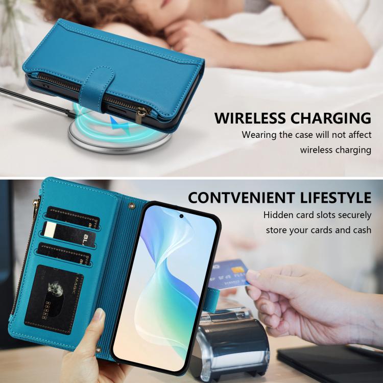 For Doogee Note 56 / Note 56 Pro Magnetic Closure 9 Card Slots Zipper Leather Case with Hand Strap