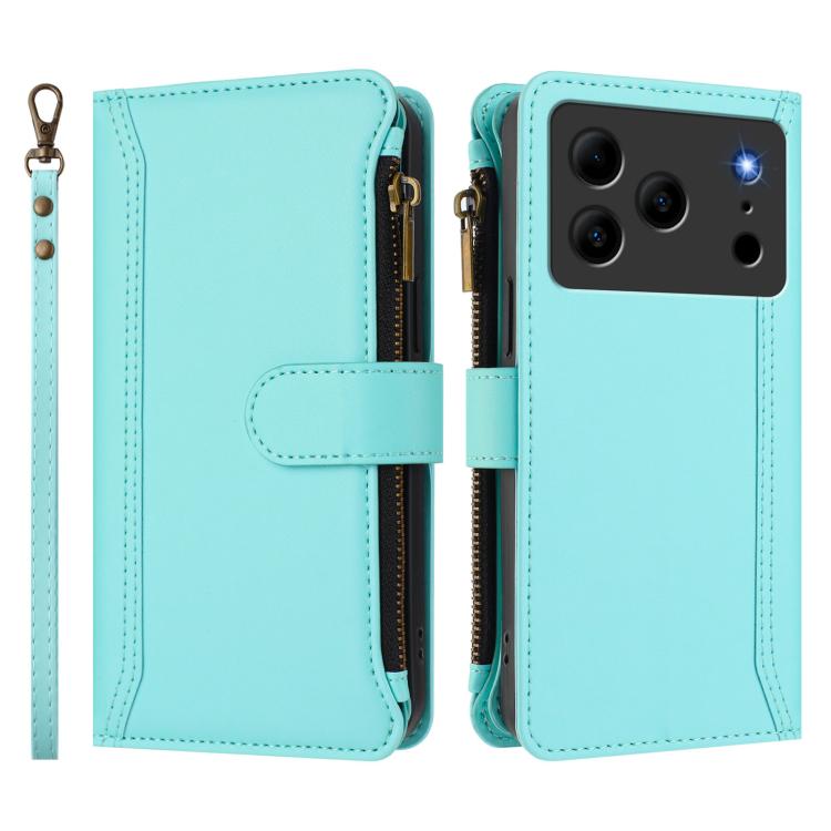 For Doogee Note 56 / Note 56 Pro Magnetic Closure 9 Card Slots Zipper Leather Case with Hand Strap