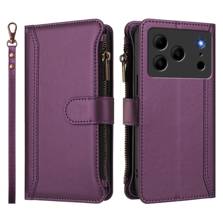 For Doogee Note 56 / Note 56 Pro Magnetic Closure 9 Card Slots Zipper Leather Case with Hand Strap