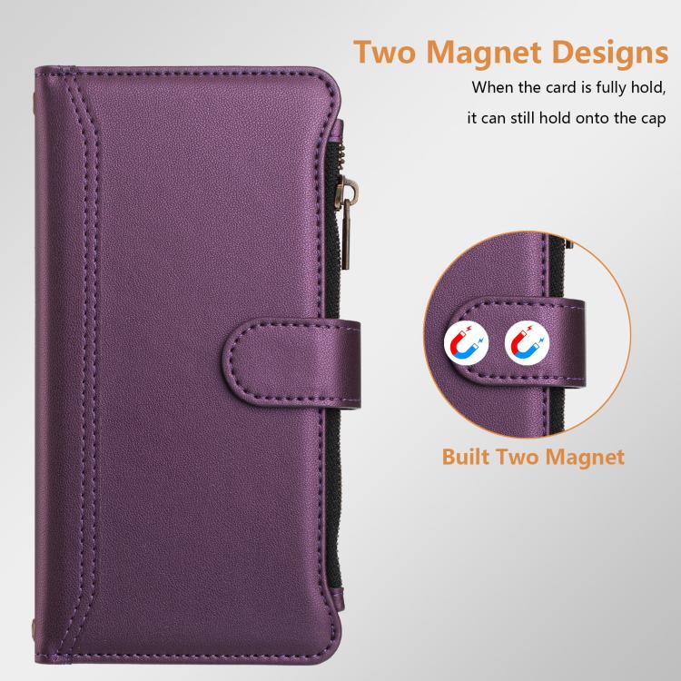 For Doogee Note 56 / Note 56 Pro Magnetic Closure 9 Card Slots Zipper Leather Case with Hand Strap