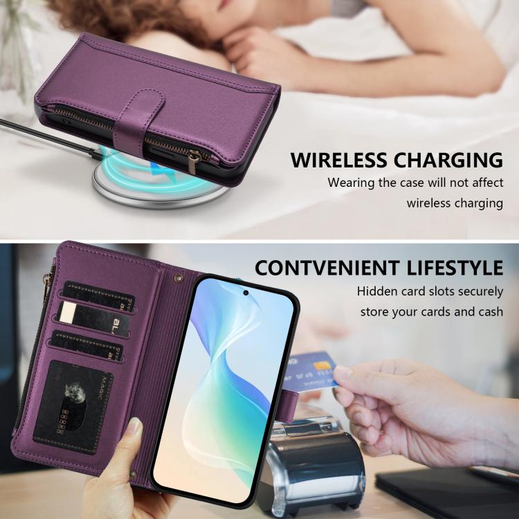 For Doogee Note 56 / Note 56 Pro Magnetic Closure 9 Card Slots Zipper Leather Case with Hand Strap
