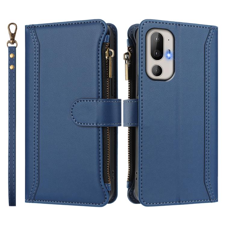 For HTC U24 Pro Magnetic Closure 9 Card Slots Zipper Leather Case with Hand Strap