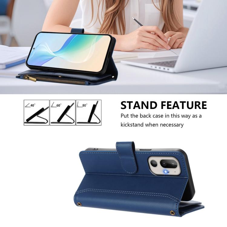 For HTC U24 Pro Magnetic Closure 9 Card Slots Zipper Leather Case with Hand Strap